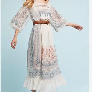 Anthropologie Embroidered Gauze Maxi Dress White Blue Pink Boho Festival Size M